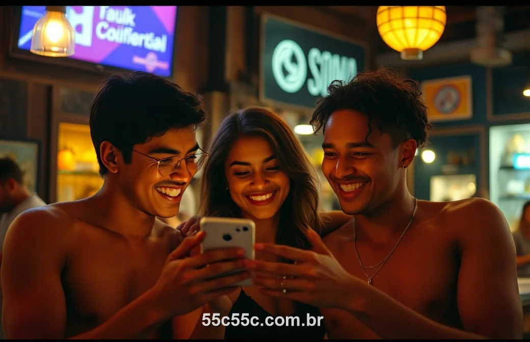 Amigos brasileiros usando o 55C juntos num bar à noite