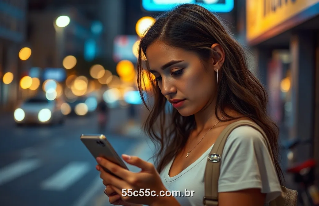 Jogadora acessando o cassino do 55C pelo celular à noite na cidade