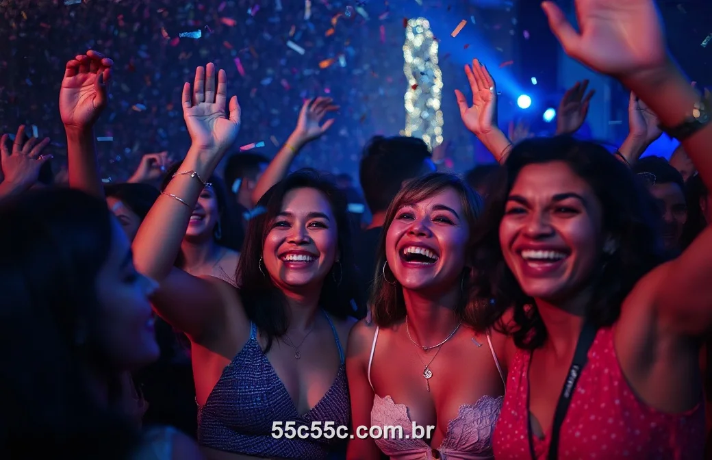 Brasileiros comemorando juntos com o 55C numa festa à noite