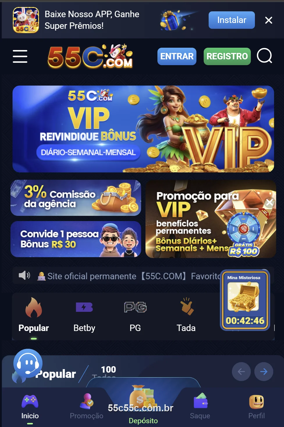 Tela inicial do app oficial 55C com o clube VIP e os caça-níqueis