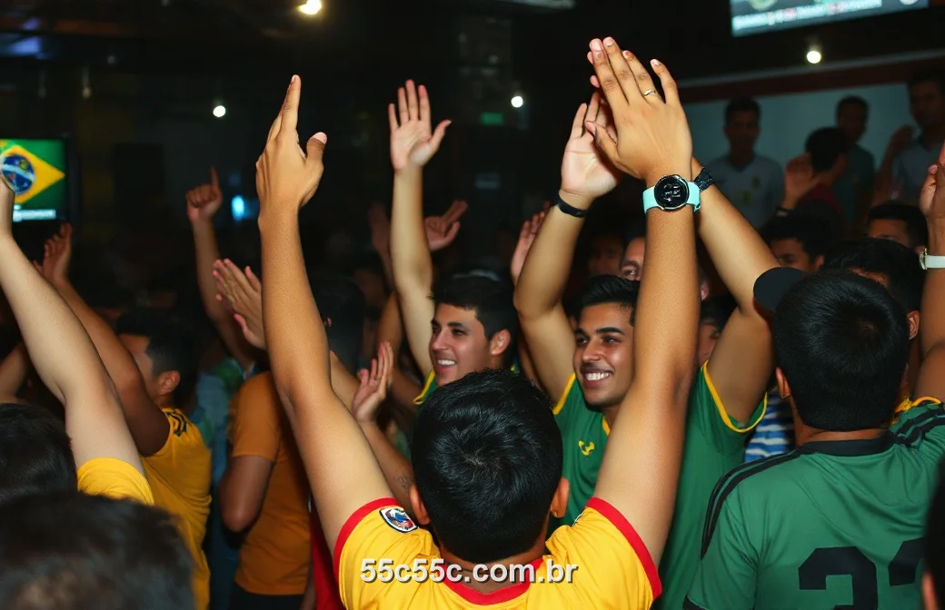 Torcedores brasileiros comemorando um gol juntos em um bar
